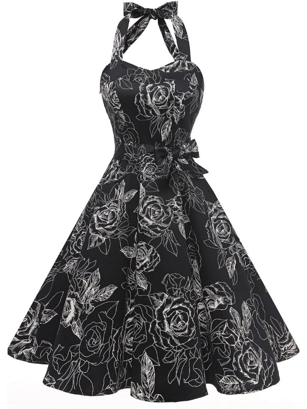 Women's Vintage Polka Audrey 1950s Halter Retro Cocktail Dress- Black White